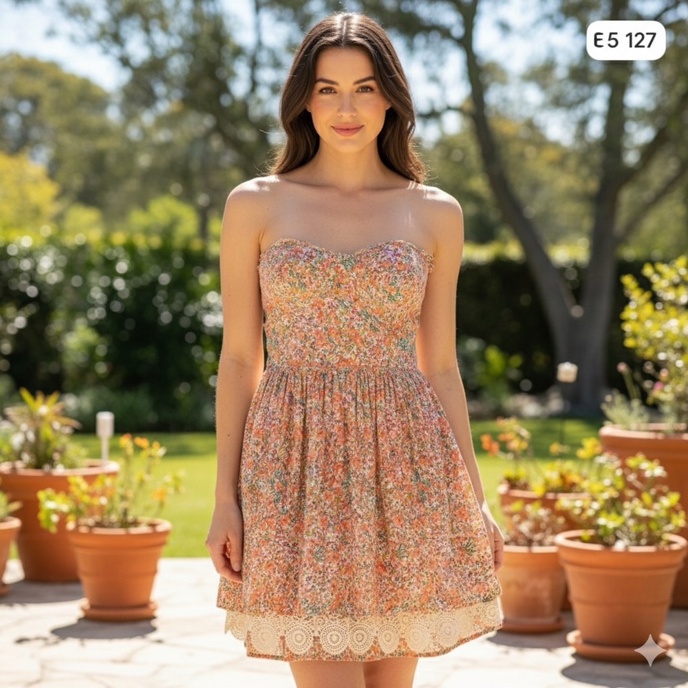 Zara Smocked Strapless Floral Mini Dress – Lace Trim | Size M